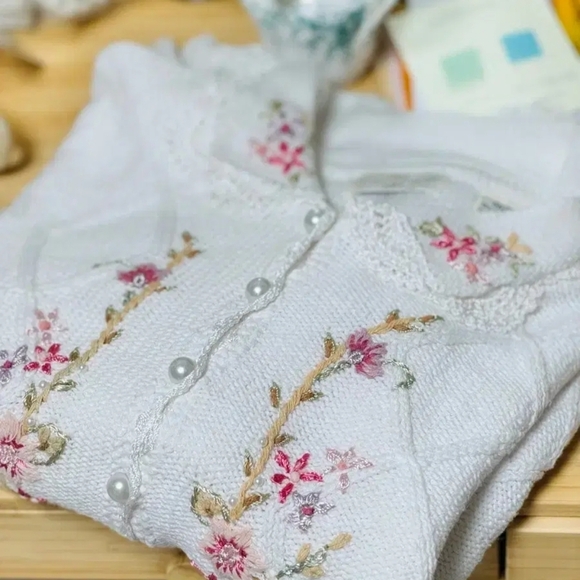 Carolyn Taylor Sweaters - Carolyn Taylor Cream Cardigan with Pink Floral Embroidery